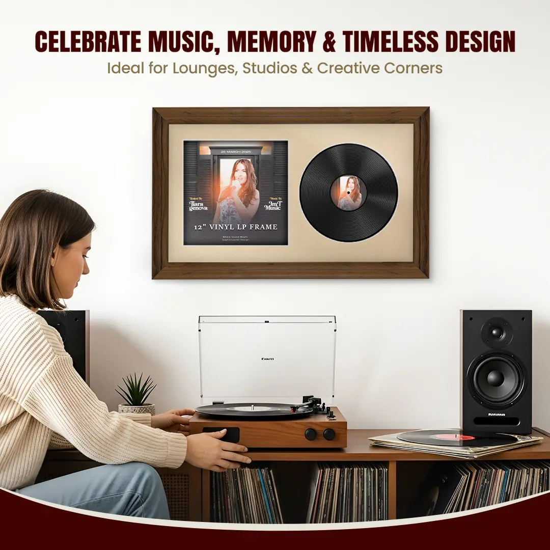 30x17" Classic Walnut Vinyl Record Frame With Ivory Mount | For 12" LP Cover and Disc Side By Side Display thumbnail 4
