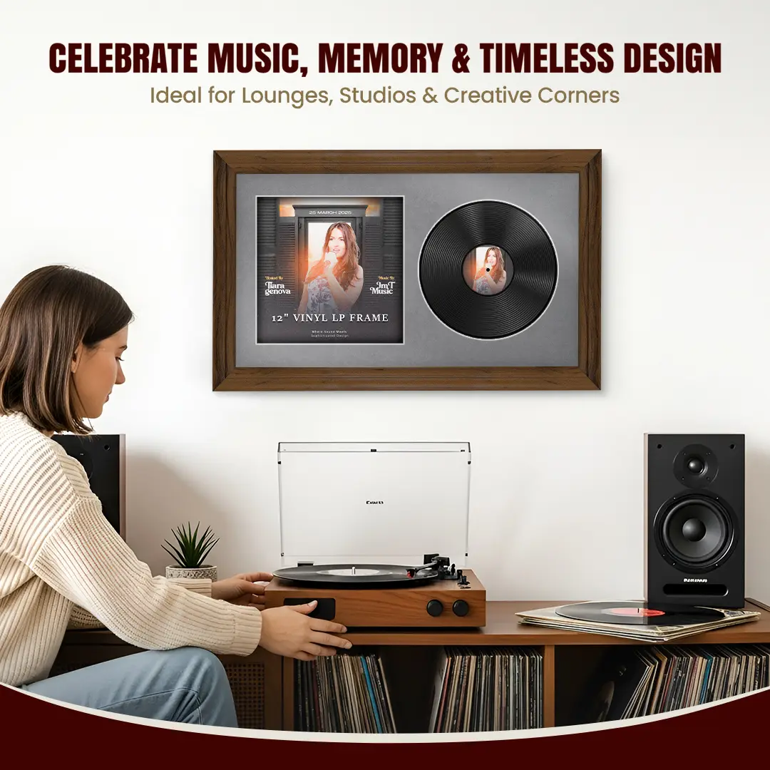 30x17" Classic Walnut Vinyl Record Frame With Mid Grey Mount | For 12" LP Cover and Disc Side By Side Display thumbnail 4