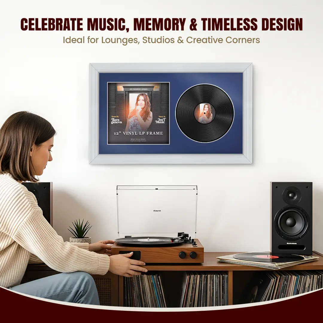 30x17" Classic White Vinyl Record Frame With Blue Mount | Displays 12" LP Cover & Disc Side by Side thumbnail 4