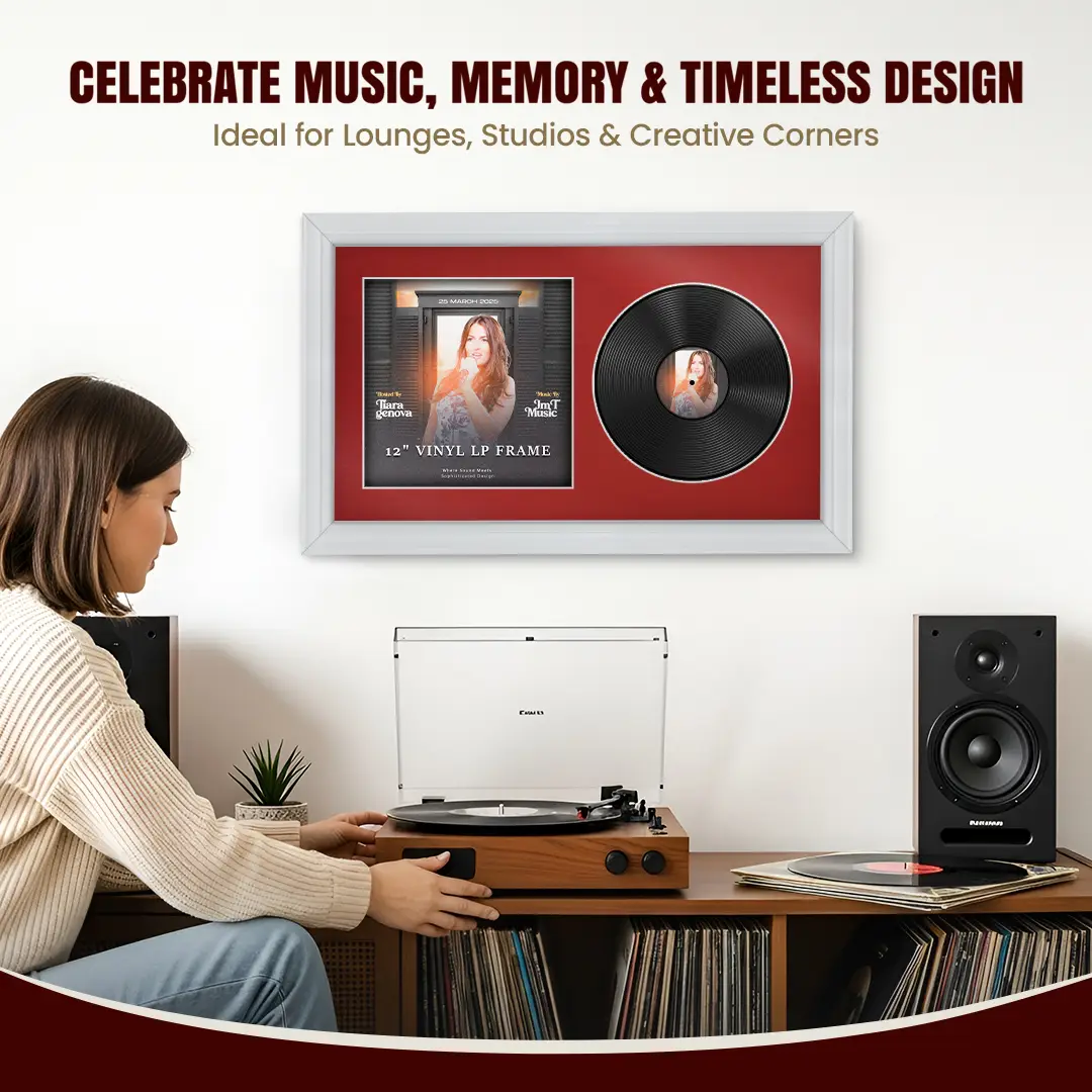 30x17" Classic White Vinyl Record Frame With Crimson Mount | Side by Side 12" LP Cover & Disc Display thumbnail 4