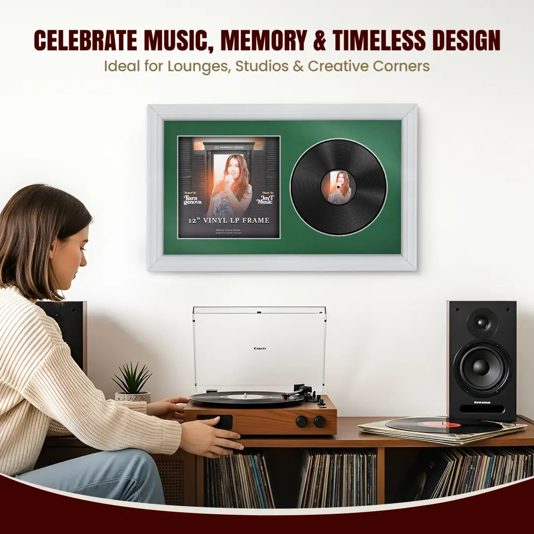 30x17" Classic White Vinyl Record Frame With Emerald (Green) Mount | For 12" LP Cover and Disc Side By Side Display thumbnail 4