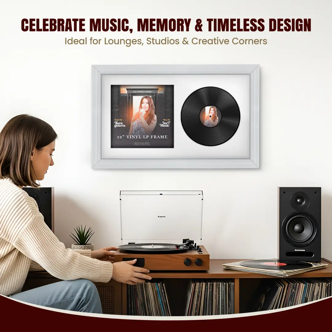 30x17" Classic White Vinyl Record Frame With Ice White Mount | Side by Side 12" LP Cover & Disc Display thumbnail 4