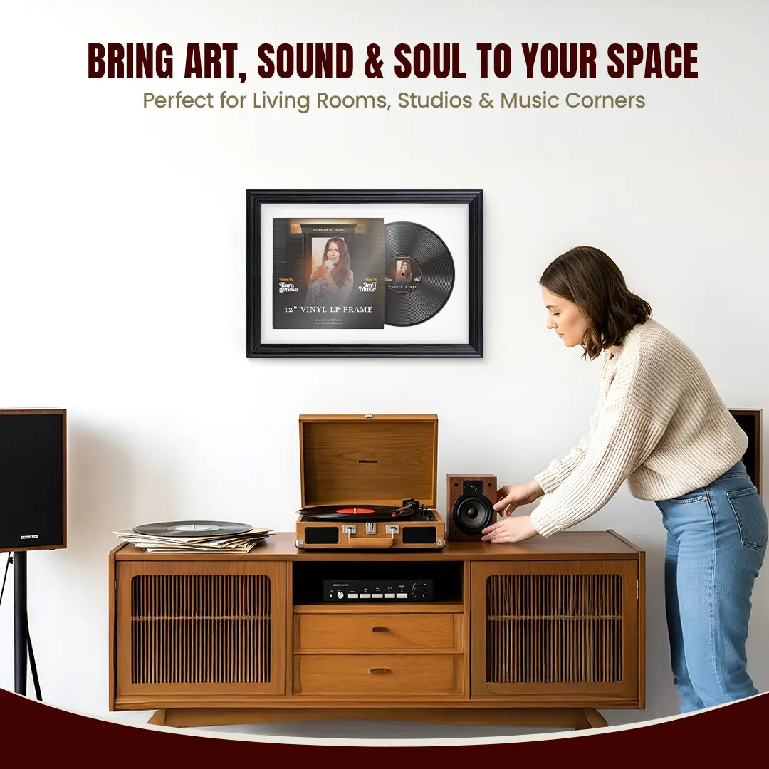 25x17" Classic Black Vinyl Record Frame For 12 Inch LP Cover & Disc (Overlapped) With Ice White Mount | Elegant Music Display thumbnail 6