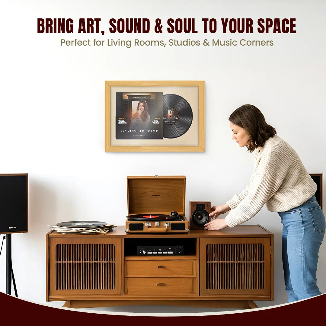 25x17" Classic Country Pine Vinyl Record Frame For LP Cover & Disc With Ivory Mount | Overlapped Display thumbnail 6