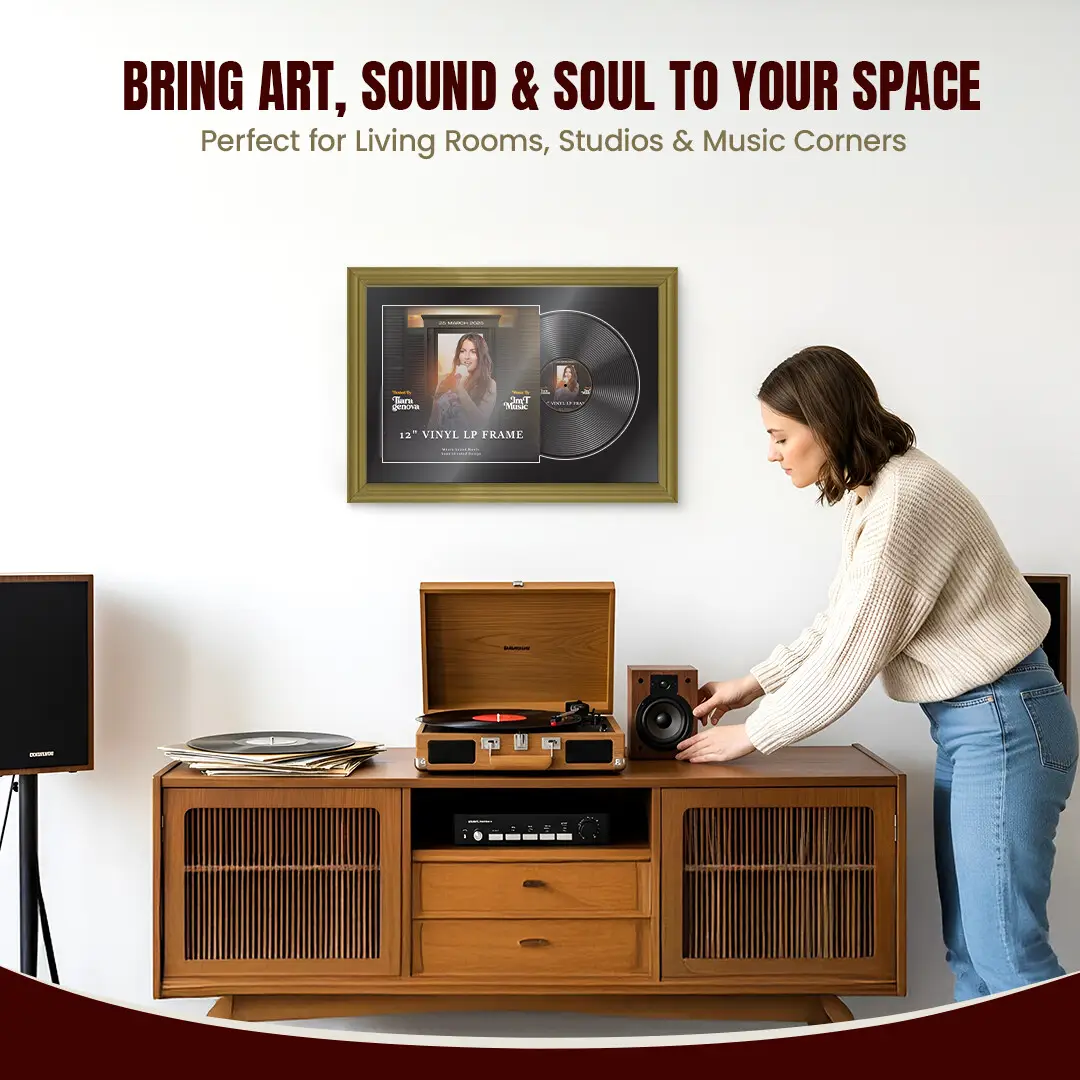 25x17" Classic Gold Vinyl Record Frame For 12 Inch LP Cover & Disc (Overlapped) With Black Mount | Elegant Music Display thumbnail 6