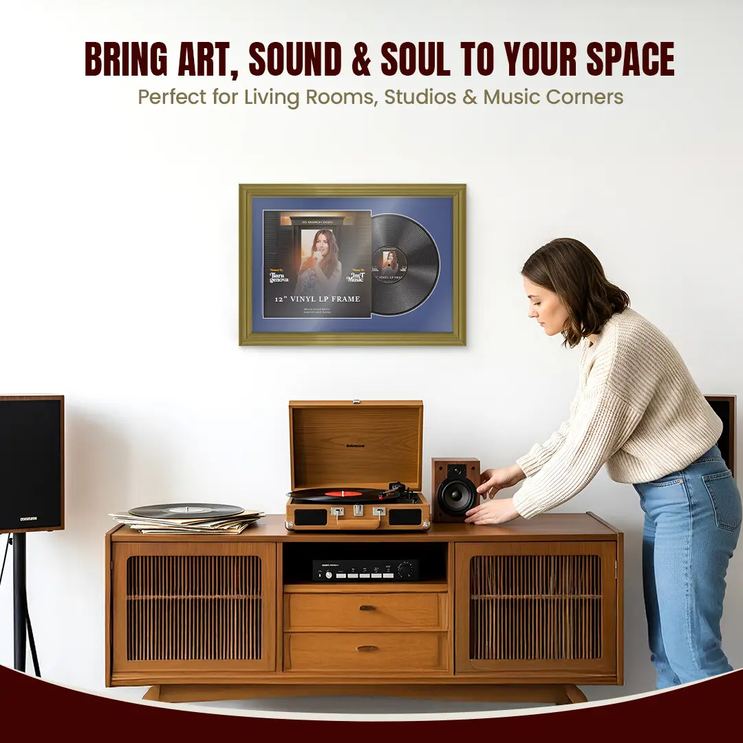 25x17" Classic Gold Vinyl Record Frame For 12 Inch LP Cover & Disc (Overlapped) With Blue Mount | Elegant Music Display thumbnail 6