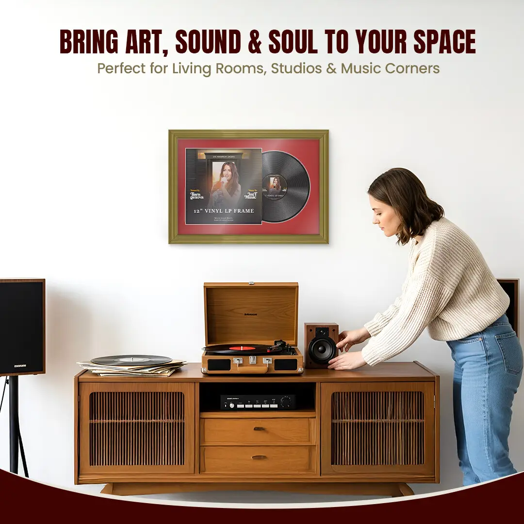 25x17" Classic Gold Vinyl Record Frame For 12 Inch LP Cover & Disc (Overlapped) With Crimson Mount | Elegant Music Display thumbnail 6