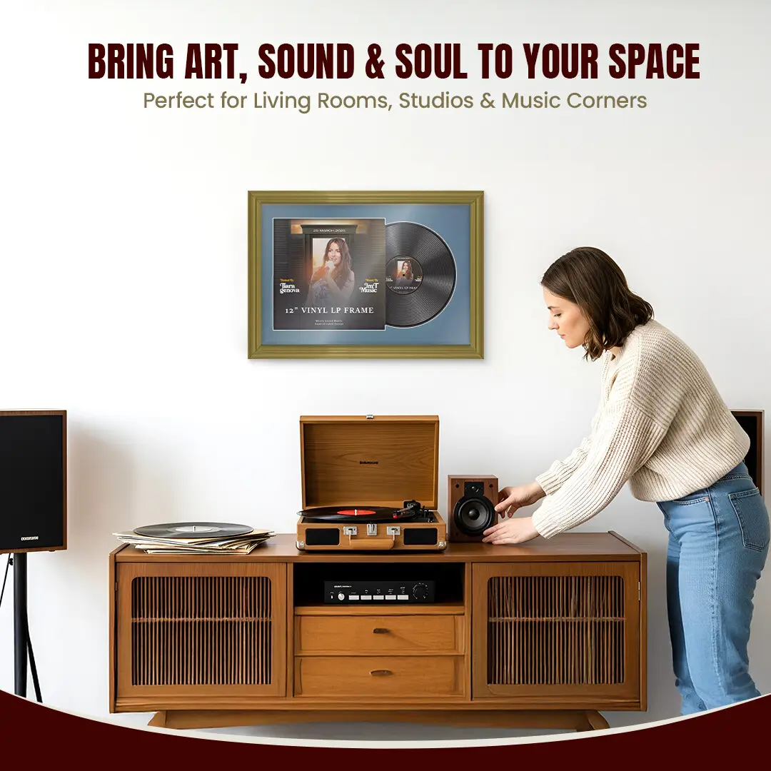 25x17" Classic Gold Vinyl Record Frame For LP Cover & Disc With Pompador Mount | Overlapped Display thumbnail 6