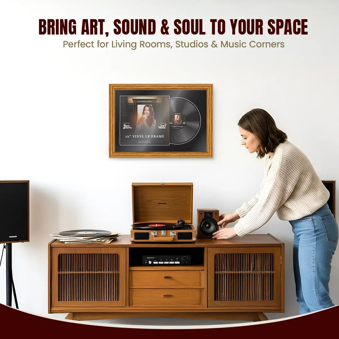 25x17" Classic Oak Vinyl Record Frame For 12 Inch LP Cover & Disc (Overlapped) With Black Mount | Elegant Music Display thumbnail 6