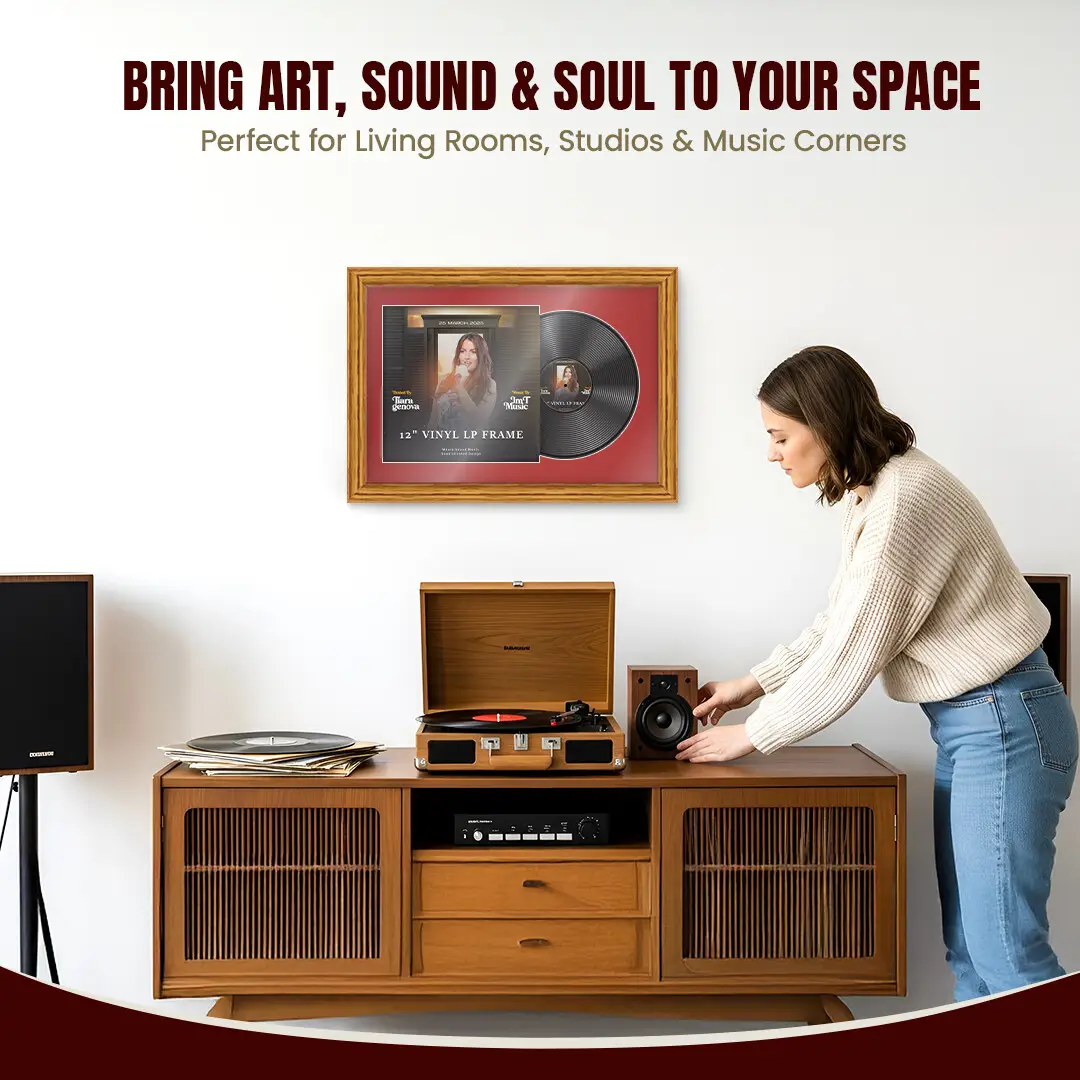 25x17" Classic Oak Vinyl Record Frame For 12 Inch LP Cover & Disc With Crimson Mount | Overlapped Vinyl Display thumbnail 6