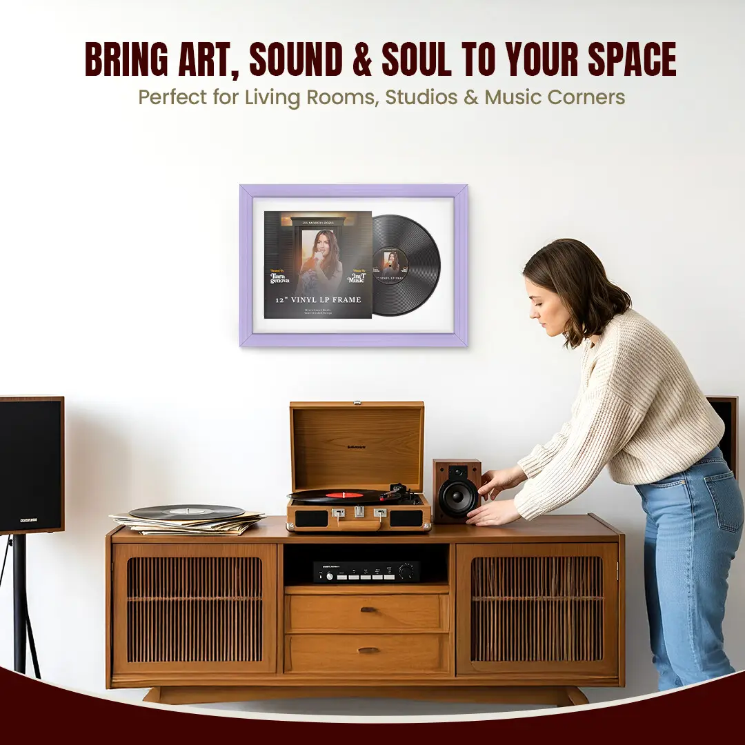 25x17" Classic Purple Vinyl Record Frame For LP Cover & Disc With Ice White Mount | Overlapped Display thumbnail 6