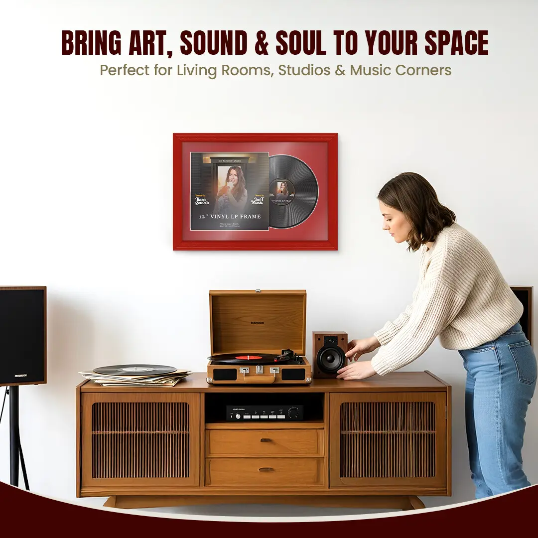 25x17" Classic Red Vinyl Record Frame For LP Cover & Disc With Crimson Mount | Overlapped Display thumbnail 6