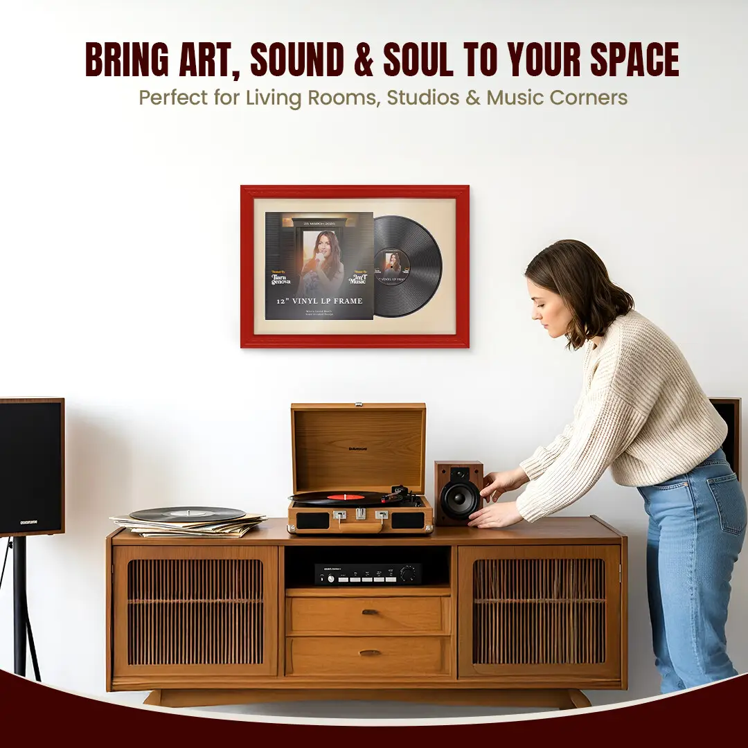 25x17" Classic Red Vinyl Record Frame For 12 Inch LP Cover & Disc With Ivory Mount | Overlapped Vinyl Display thumbnail 6