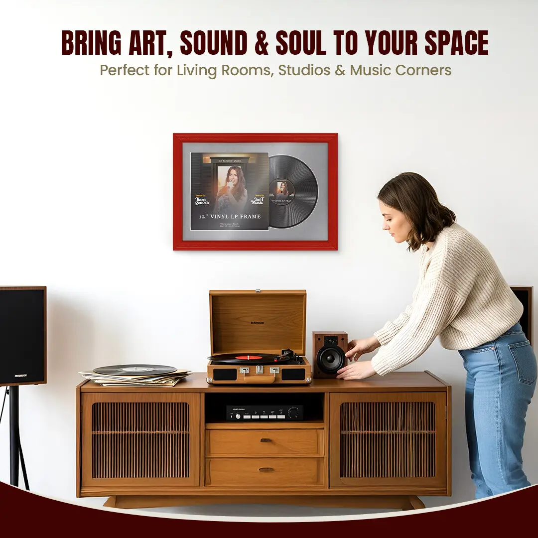 25x17" Classic Red Vinyl Record Frame For LP Cover & Disc With Mid Grey Mount | Overlapped Display thumbnail 6