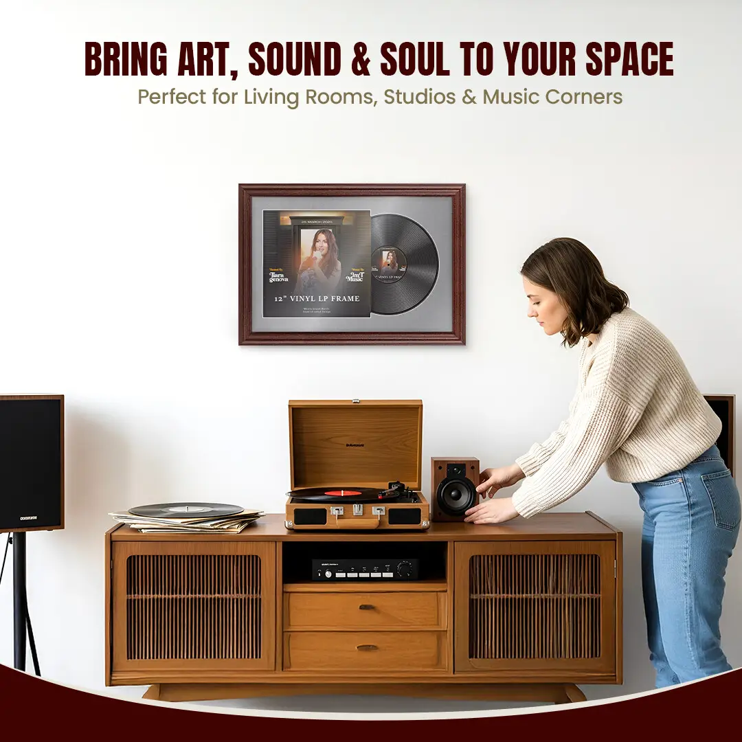 25x17" Classic Rose Wood Vinyl Record Frame For 12 Inch LP Cover & Disc With Mid Grey Mount | Overlapped Vinyl Display thumbnail 6