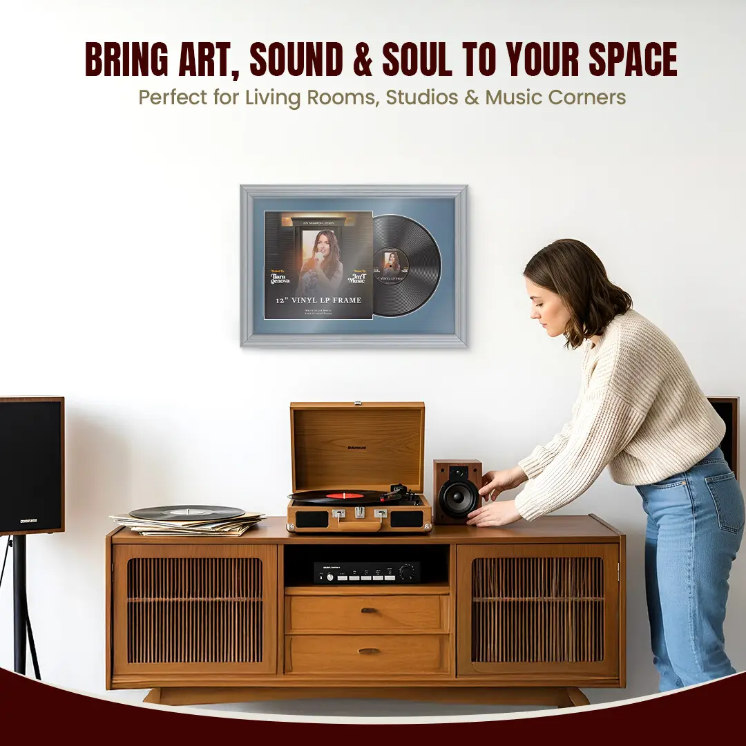 25x17" Classic Silver Vinyl Record Frame For 12 Inch LP Cover & Disc (Overlapped) With Pompador Mount | Elegant Music Display thumbnail 6