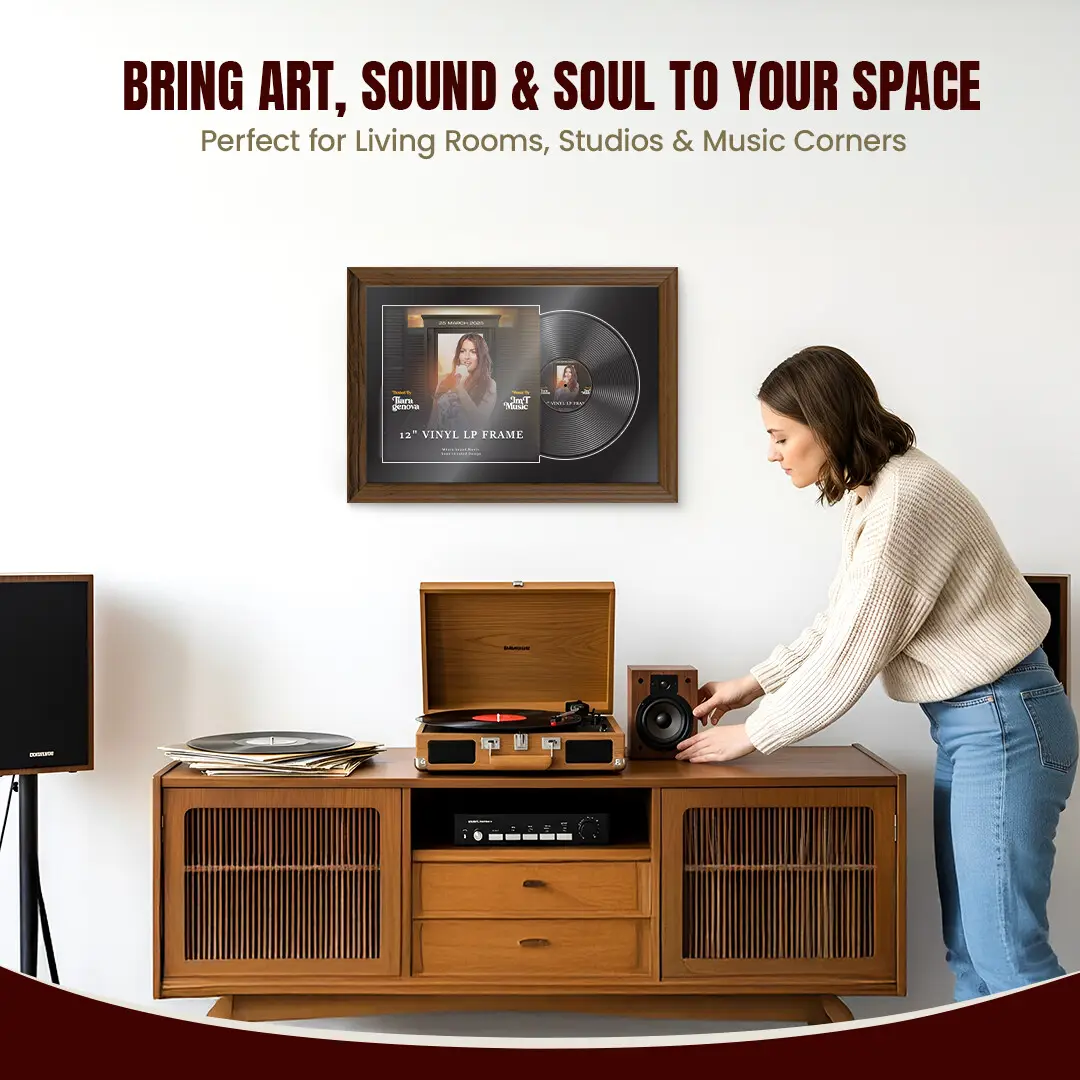 25x17" Classic Walnut Vinyl Record Frame For LP Cover & Disc With Black Mount | Overlapped Display thumbnail 6