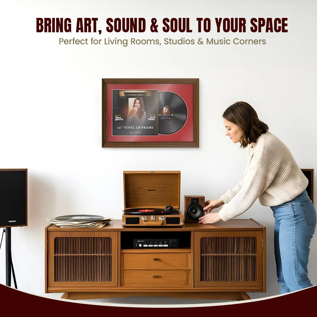 25x17" Classic Walnut Vinyl Record Frame For 12 Inch LP Cover & Disc (Overlapped) With Crimson Mount | Elegant Music Display thumbnail 6