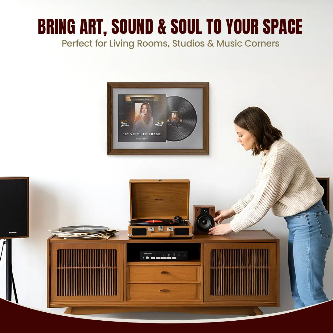 25x17" Classic Walnut Vinyl Record Frame For 12 Inch LP Cover & Disc (Overlapped) With Mid Grey Mount | Elegant Music Display thumbnail 6