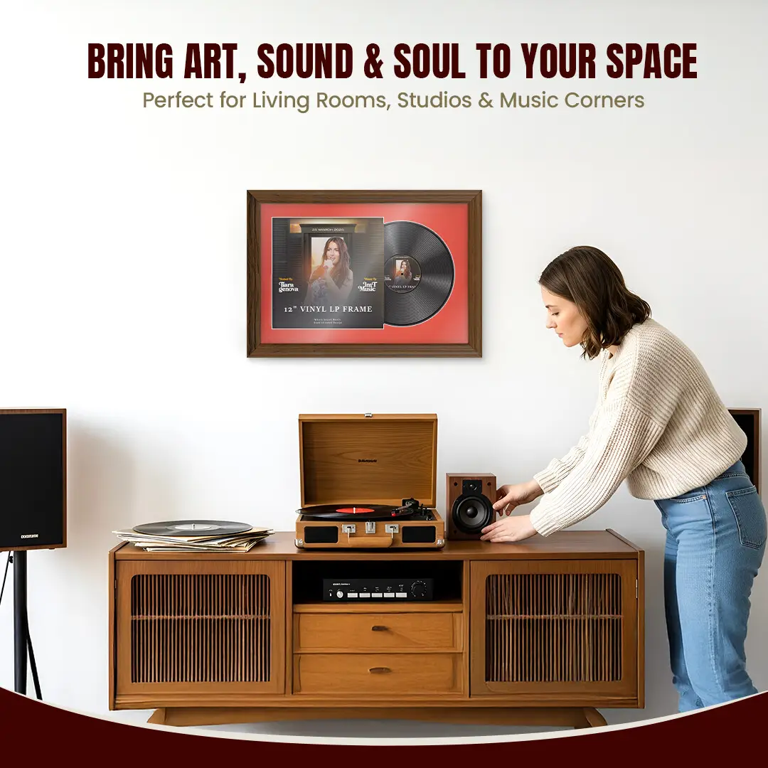 25x17" Classic Walnut Vinyl Record Frame For 12 Inch LP Cover & Disc With Black Mount | Overlapped Vinyl Display thumbnail 6