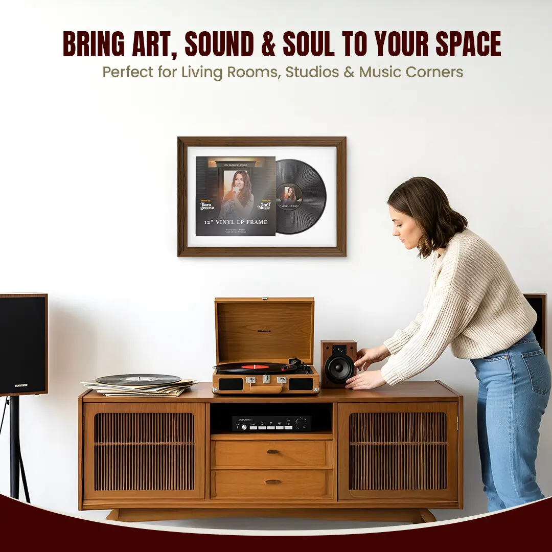 25x17" Classic Walnut Vinyl Record Frame For LP Cover & Disc With Ice White Mount | Overlapped Display thumbnail 6