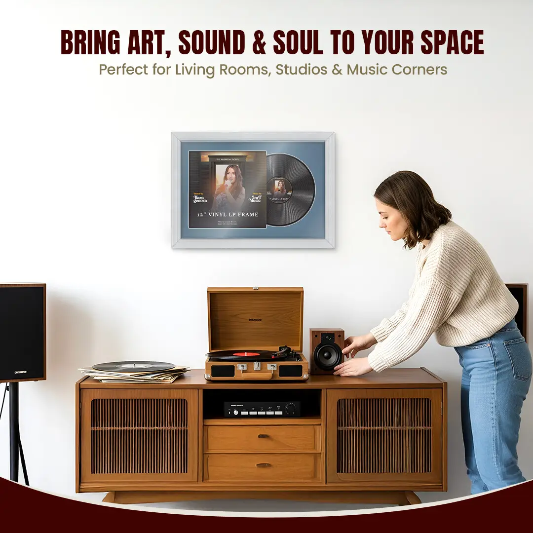25x17" Classic White Vinyl Record Frame For 12 Inch LP Cover & Disc (Overlapped) With Pompador Mount | Elegant Music Display thumbnail 6