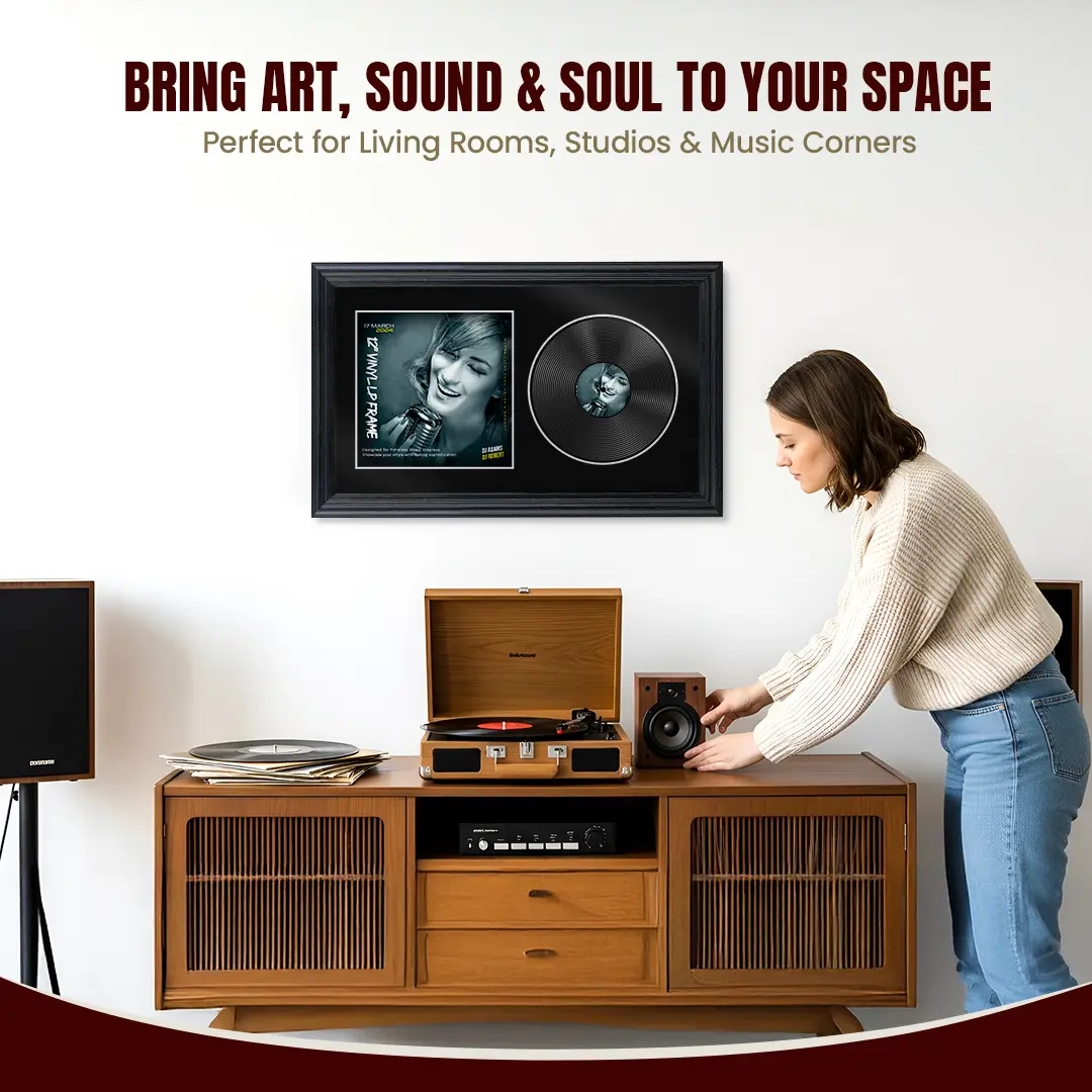 30x17" Classic Black Vinyl Record Frame With Black Mount | Side by Side 12" LP Cover & Disc Display thumbnail 6