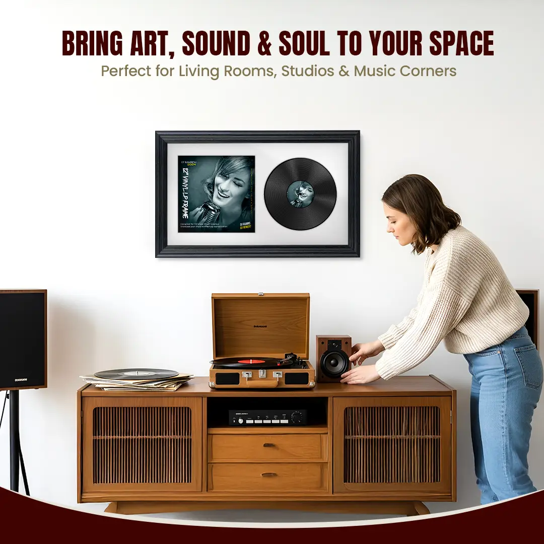 30x17" Classic Black Vinyl Record Frame With Ice White Mount | Displays 12" LP Cover & Disc Side by Side thumbnail 6