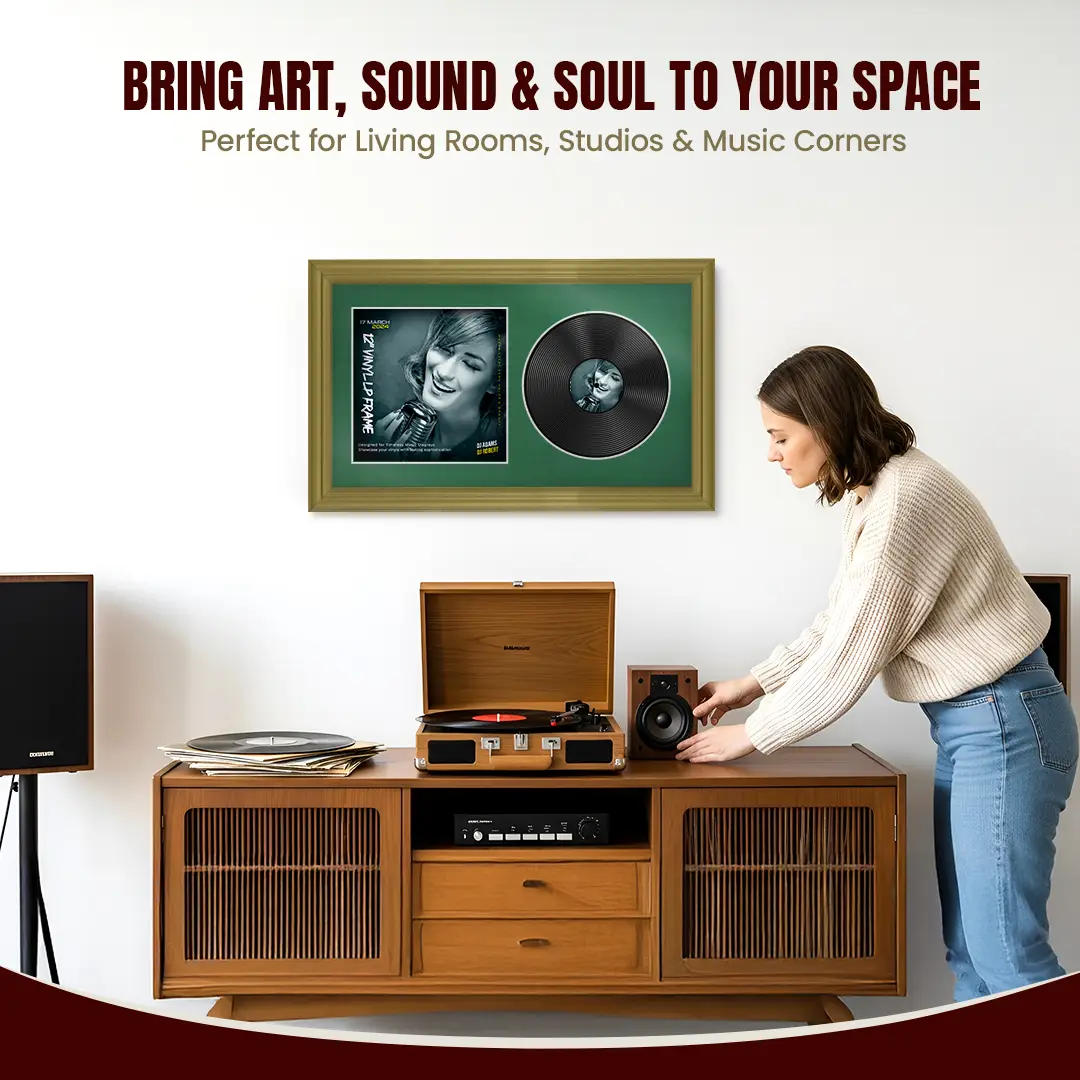30x17" Classic Gold Vinyl Record Frame With Emerald (Green) Mount | For 12" LP Cover and Disc Side By Side Display thumbnail 6