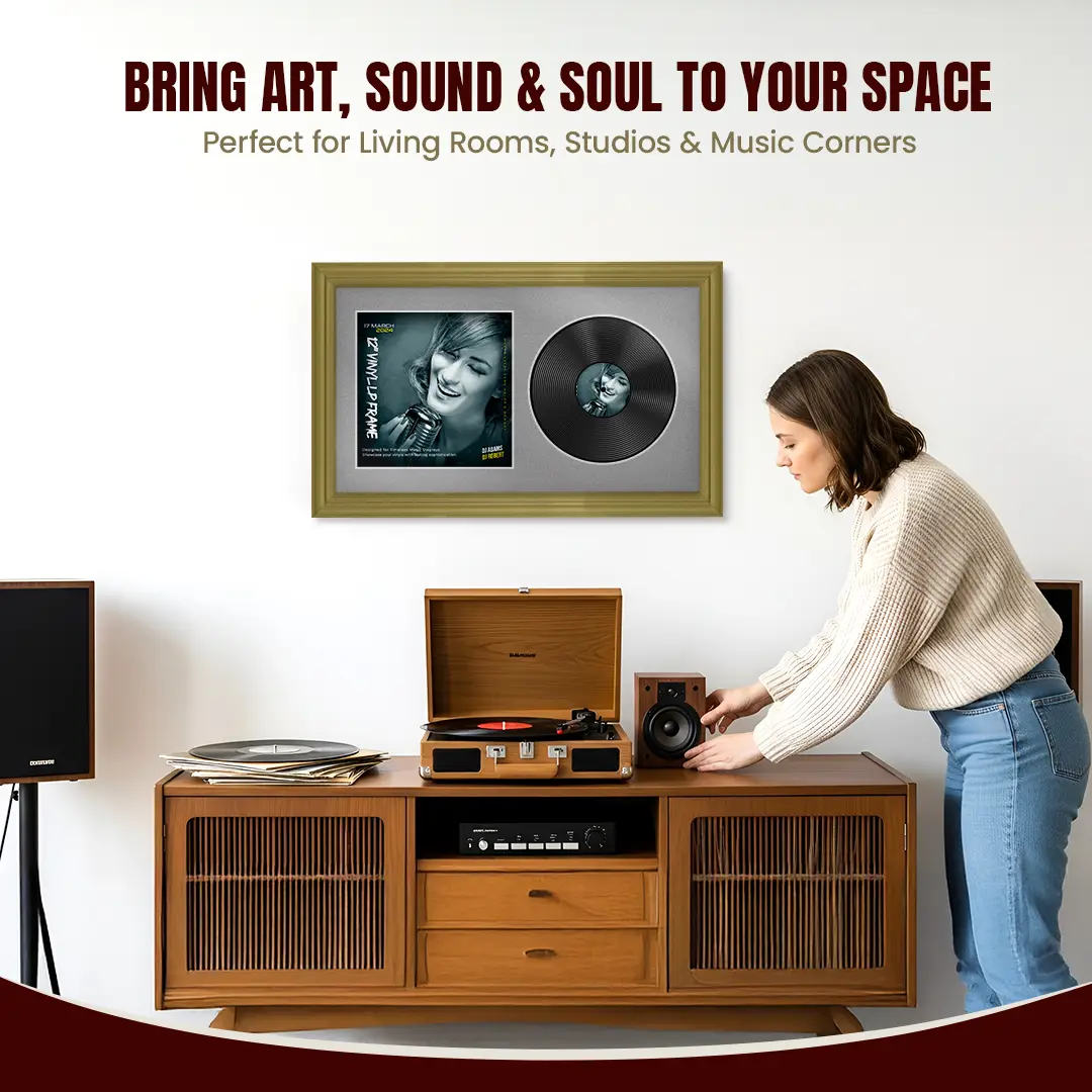 30x17" Classic Gold Vinyl Record Frame With Silver Mount | Displays 12" LP Cover & Disc Side by Side thumbnail 6