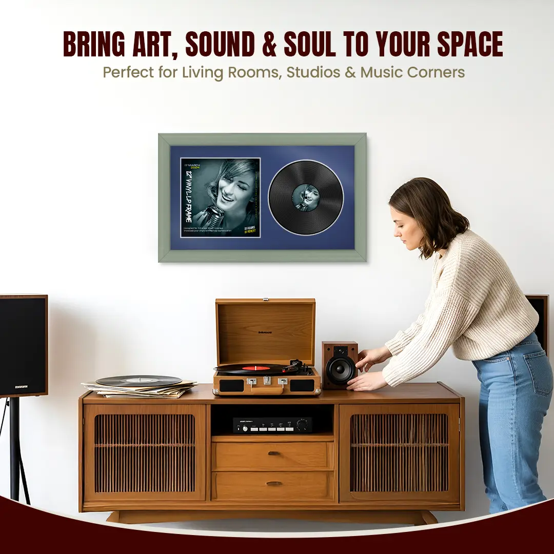 30x17" Classic Green Vinyl Record Frame With Blue Mount | Side by Side 12" LP Cover & Disc Display thumbnail 6