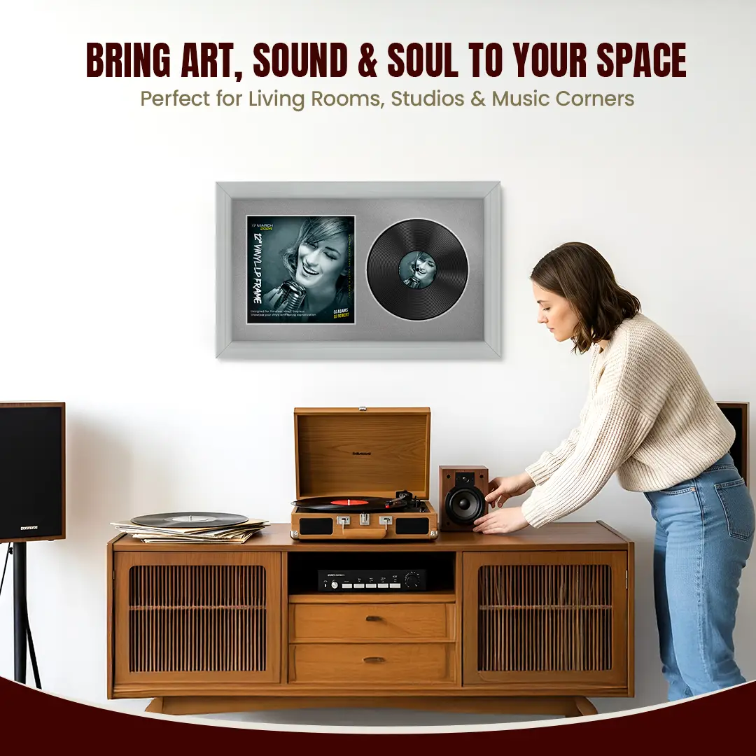 30x17" Classic Light Grey Vinyl Record Frame With Silver Mount | Side by Side 12" LP Cover & Disc Display thumbnail 6