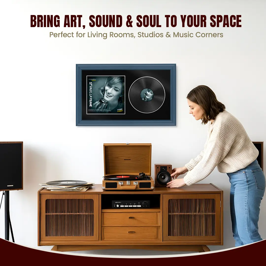 30x17" Classic Navy Blue Vinyl Record Frame With Black Mount | For 12" LP Cover and Disc Side By Side Display thumbnail 6