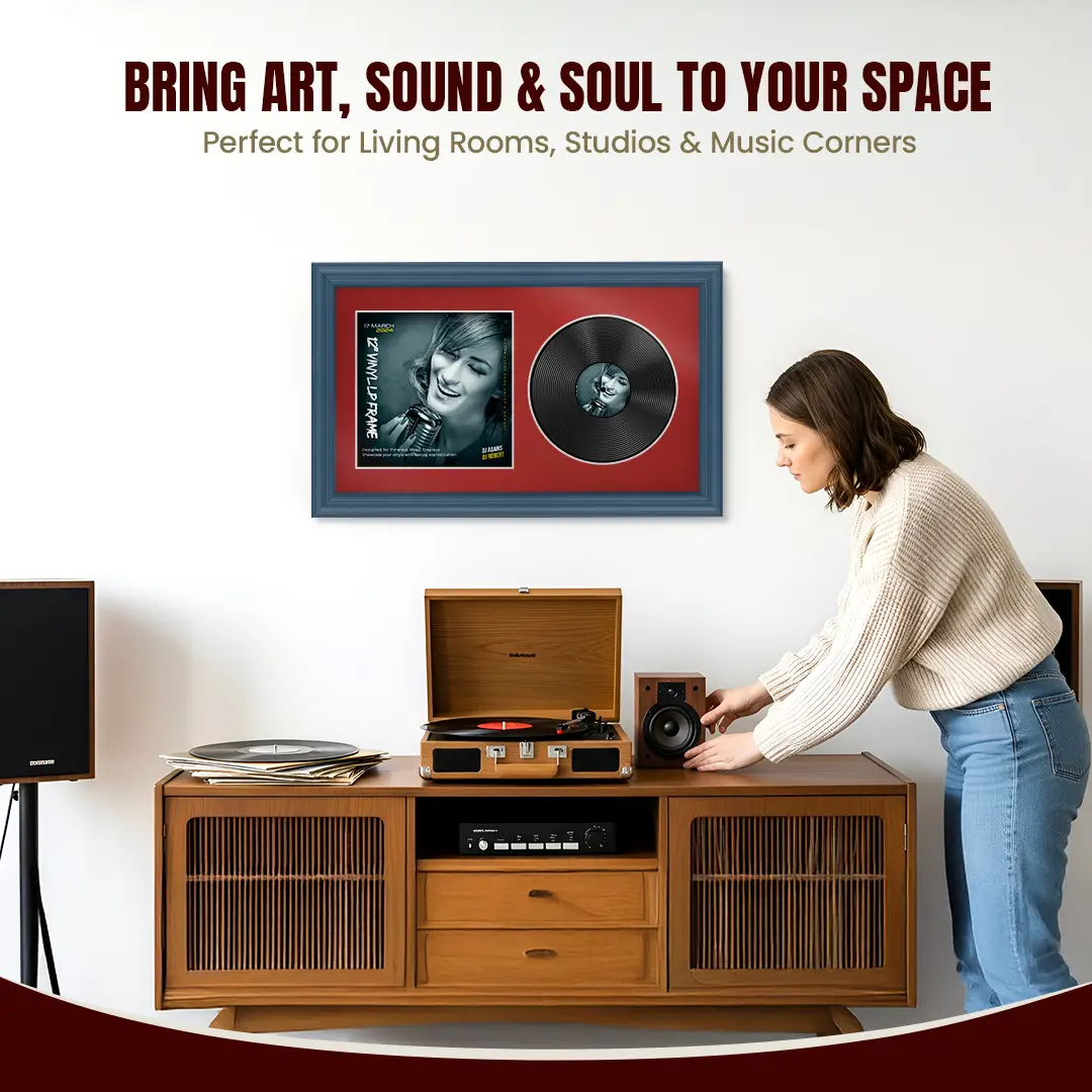 30x17" Classic Navy Blue Vinyl Record Frame With Crimson Mount | For 12" LP Cover and Disc Side By Side Display thumbnail 6