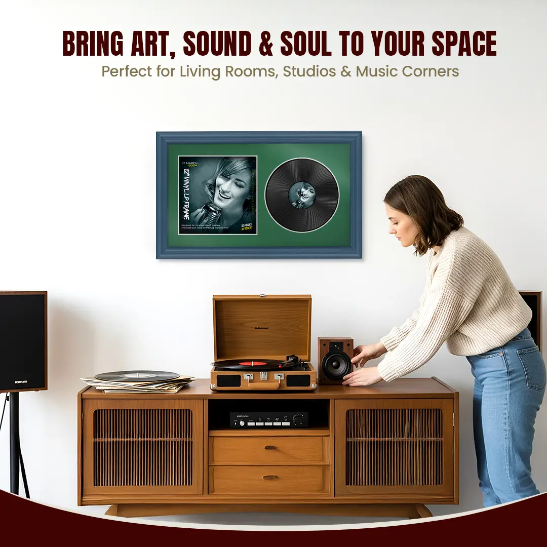 30x17" Classic Navy Blue Vinyl Record Frame With Emerald (Green) Mount | Displays 12" LP Cover & Disc Side by Side thumbnail 6