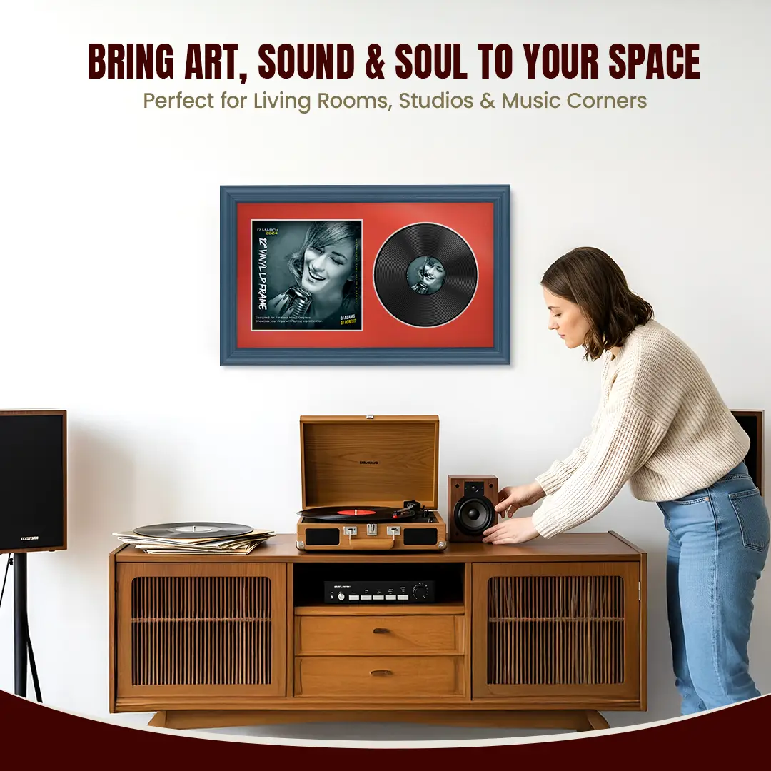 30x17" Classic Navy Blue Vinyl Record Frame With Poppy Red Mount | Displays 12" LP Cover & Disc Side by Side thumbnail 6