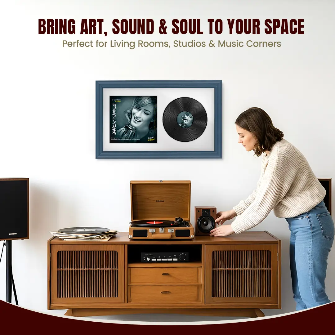 30x17" Classic Navy Blue Vinyl Record Frame With Ice White Mount | For 12" LP Cover and Disc Side By Side Display thumbnail 6