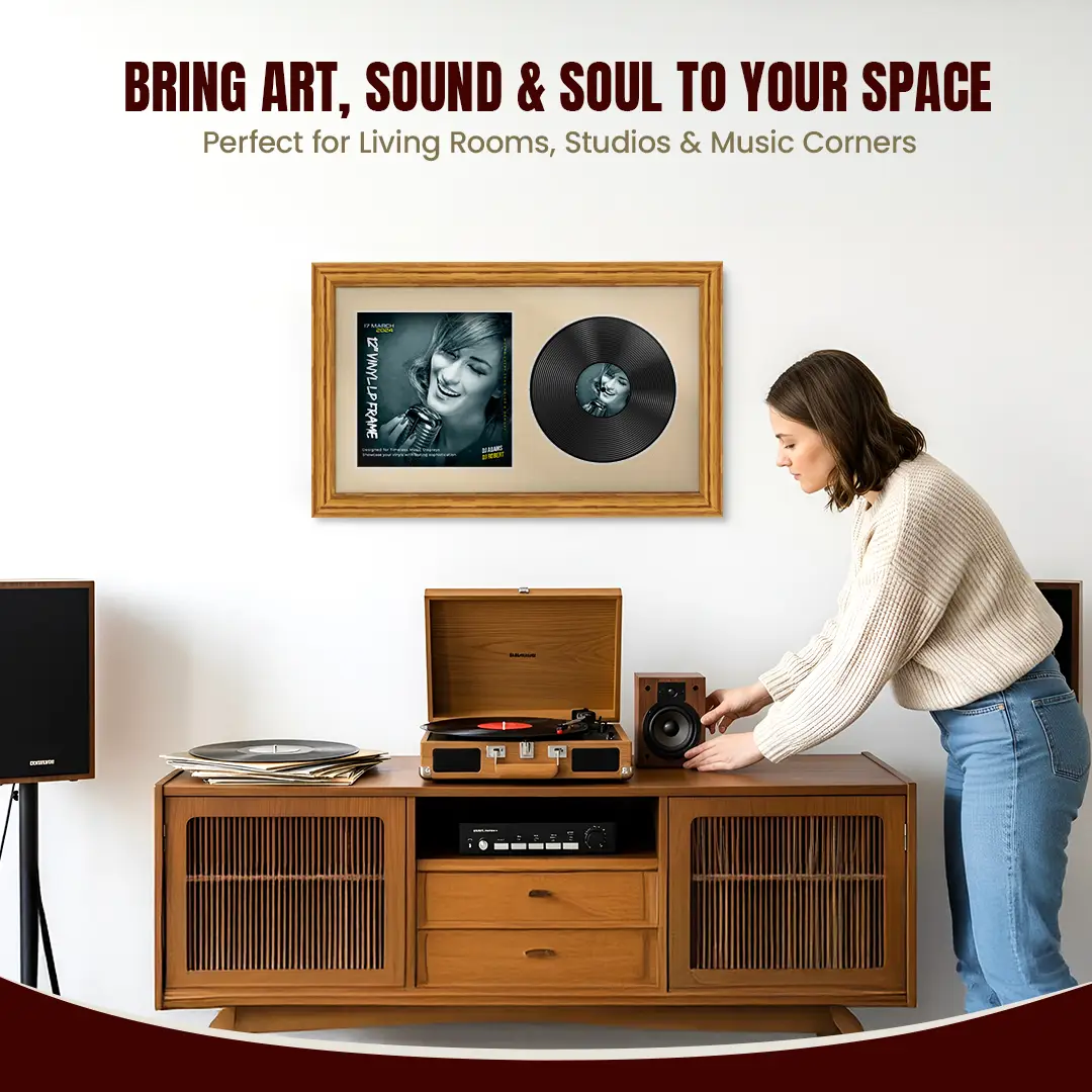 30x17" Classic Oak Vinyl Record Frame With Ivory Mount | Side by Side 12" LP Cover & Disc Display thumbnail 6