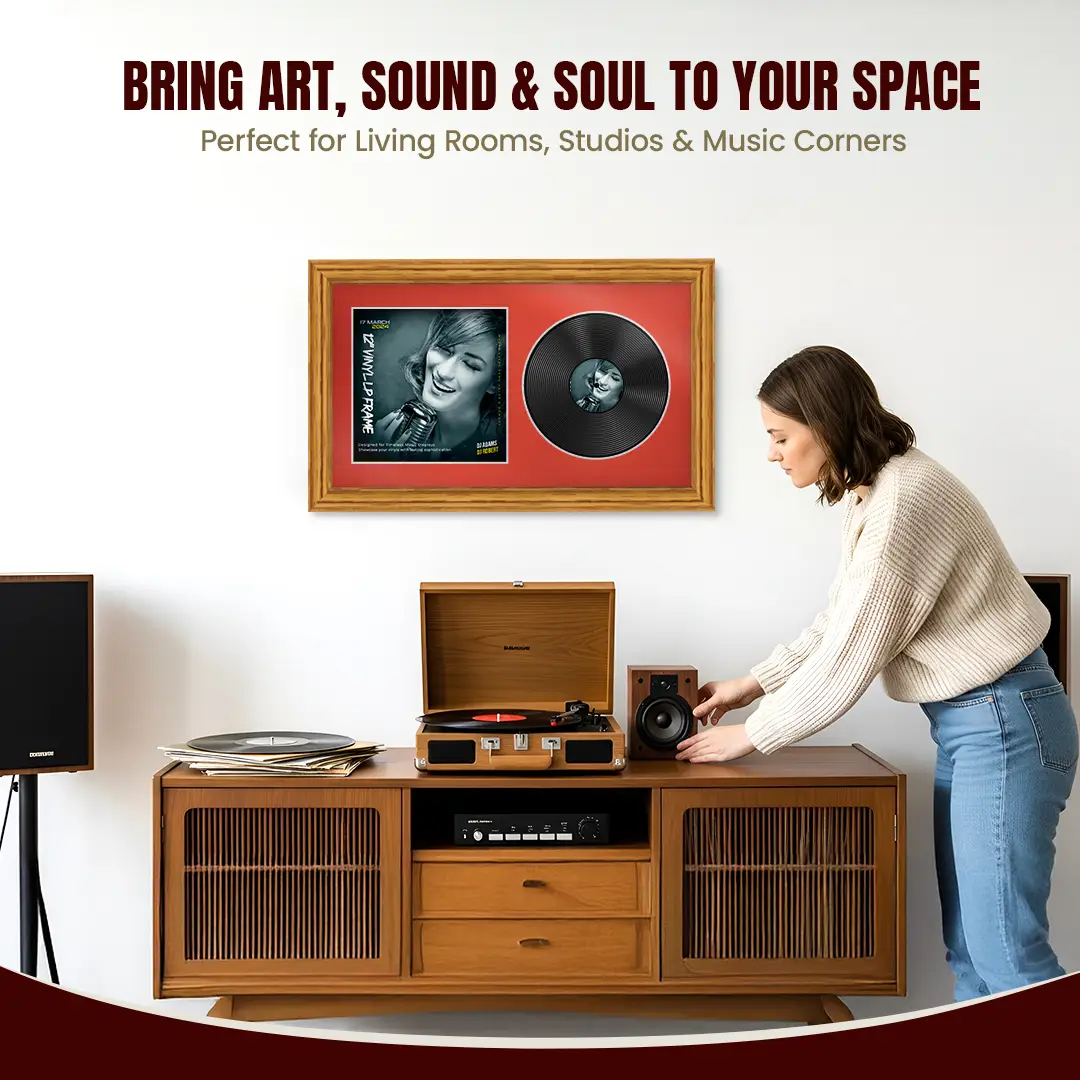 30x17" Classic Oak Vinyl Record Frame With Poppy Red Mount | Displays 12" LP Cover & Disc Side by Side thumbnail 6