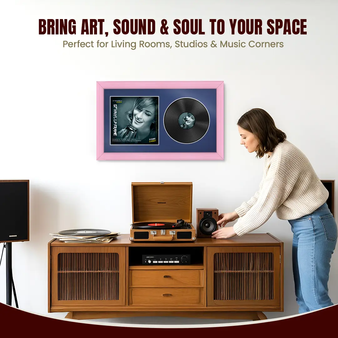 30x17" Classic Pastel Pink Vinyl Record Frame With Blue Mount | For 12" LP Cover and Disc Side By Side Display thumbnail 6