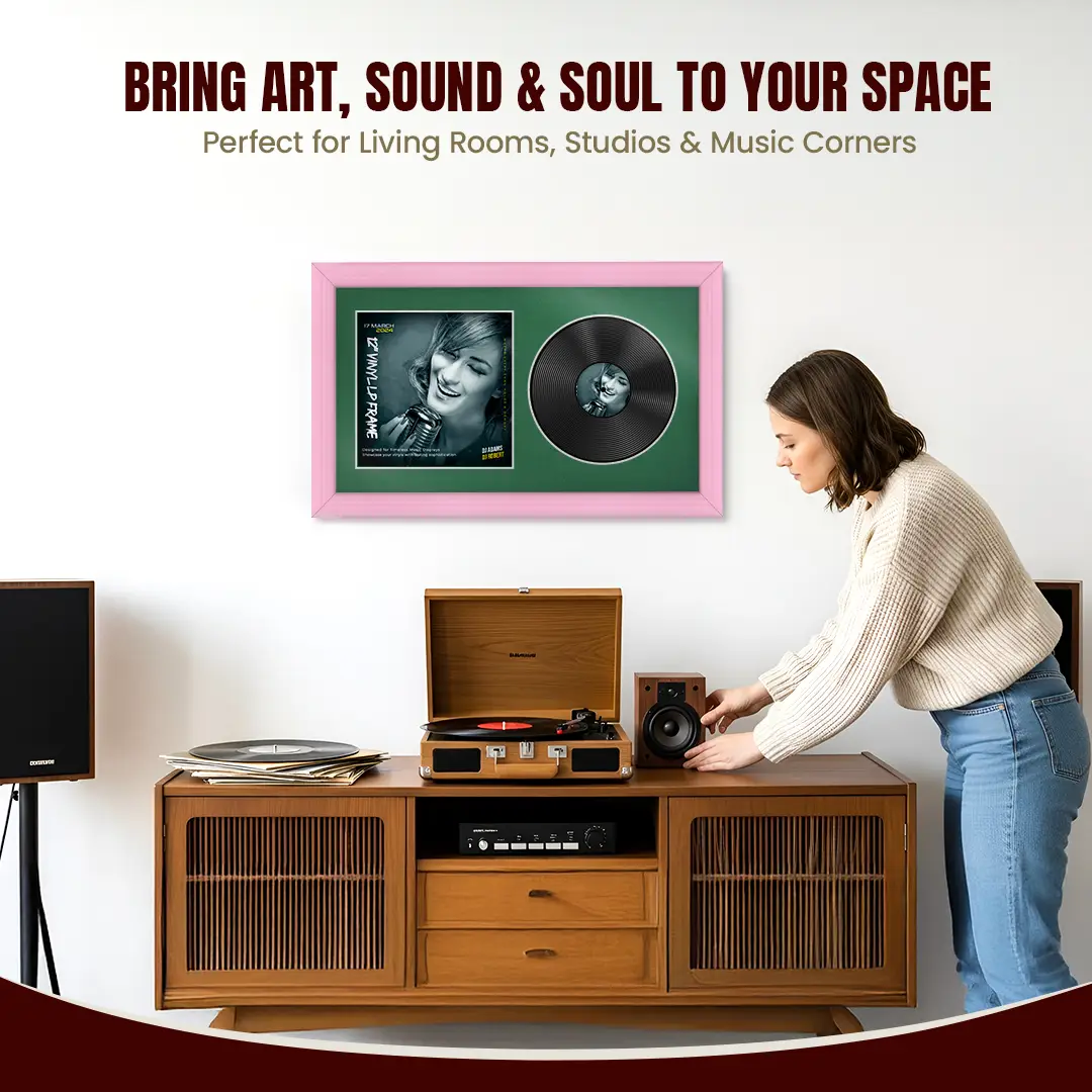 30x17" Classic Pastel Pink Vinyl Record Frame With Emerald (Green) Mount | Side by Side 12" LP Cover & Disc Display thumbnail 6