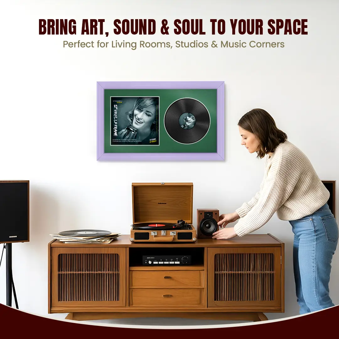 30x17" Classic Purple Vinyl Record Frame With Emerald (Green) Mount | Side by Side 12" LP Cover & Disc Display thumbnail 6