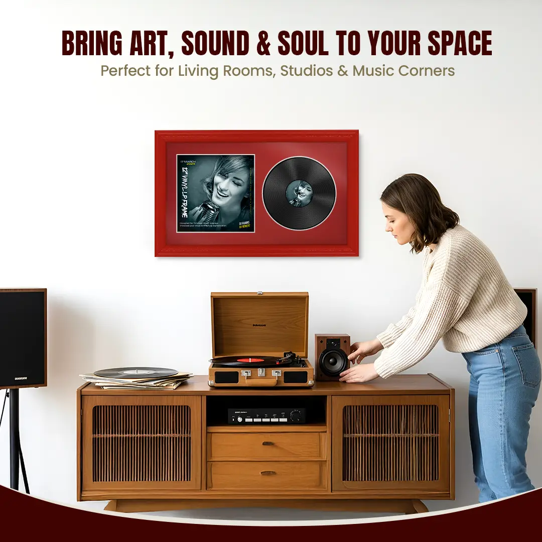 30x17" Classic Red Vinyl Record Frame With Crimson Mount | Displays 12" LP Cover & Disc Side by Side thumbnail 6