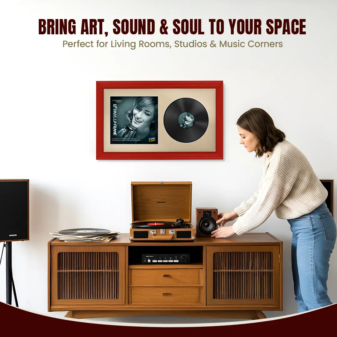 30x17" Classic Red Vinyl Record Frame With Ivory Mount | Side by Side 12" LP Cover & Disc Display thumbnail 6