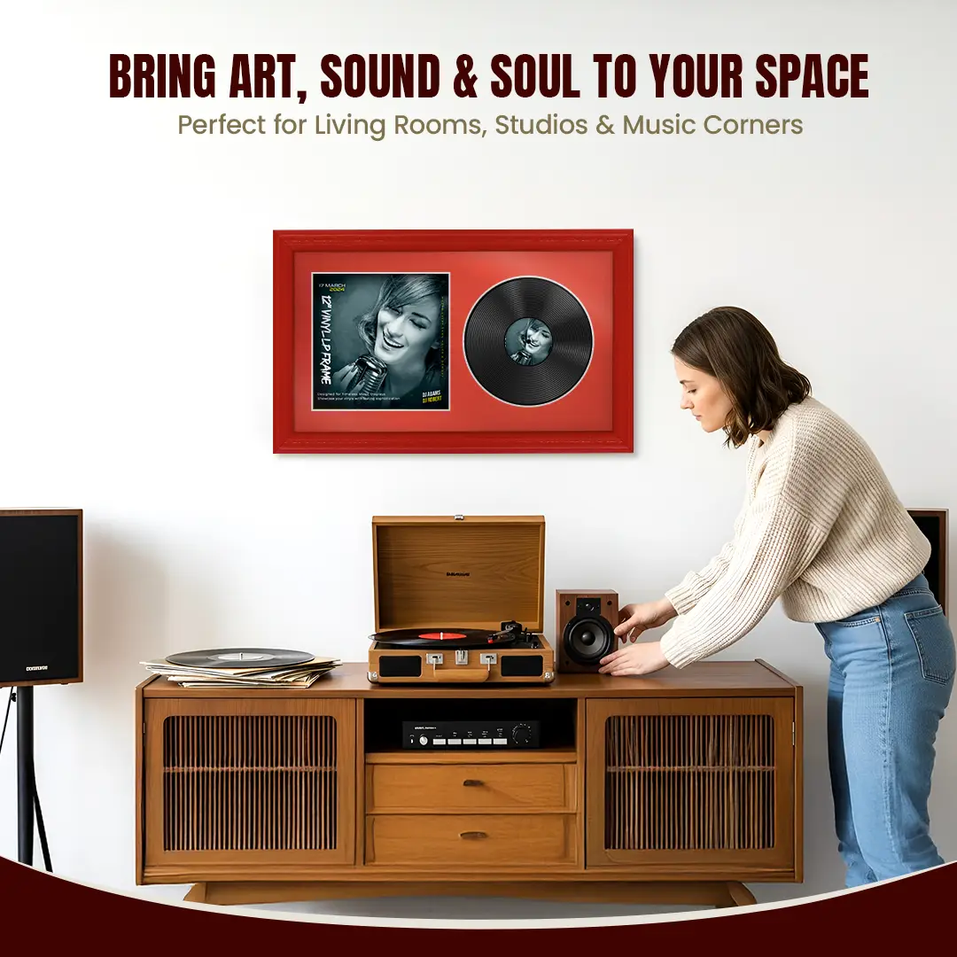 30x17" Classic Red Vinyl Record Frame With Poppy Red Mount | For 12" LP Cover and Disc Side By Side Display thumbnail 6