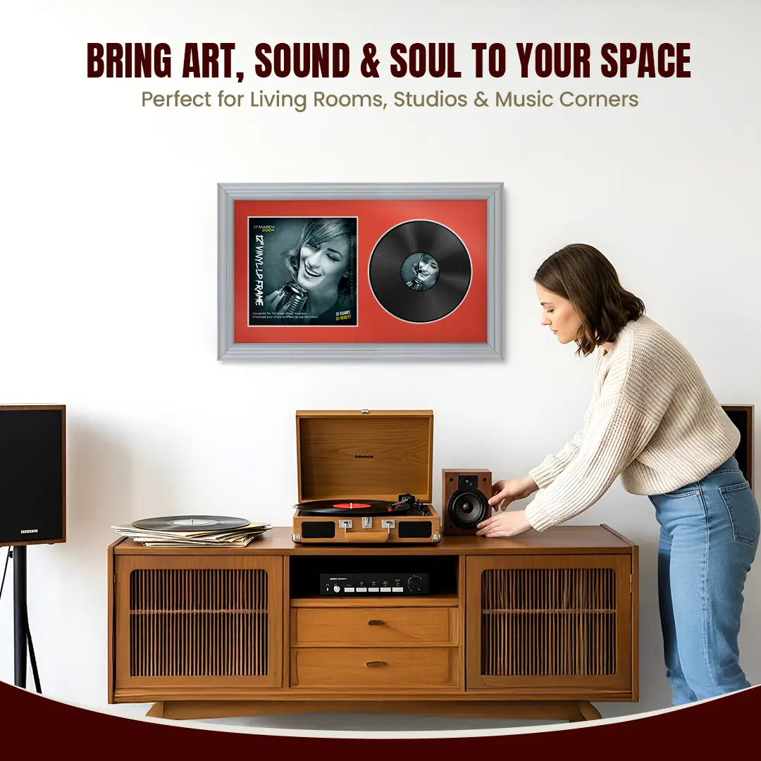 30x17" Classic Silver Vinyl Record Frame With Poppy Red Mount | For 12" LP Cover and Disc Side By Side Display thumbnail 6