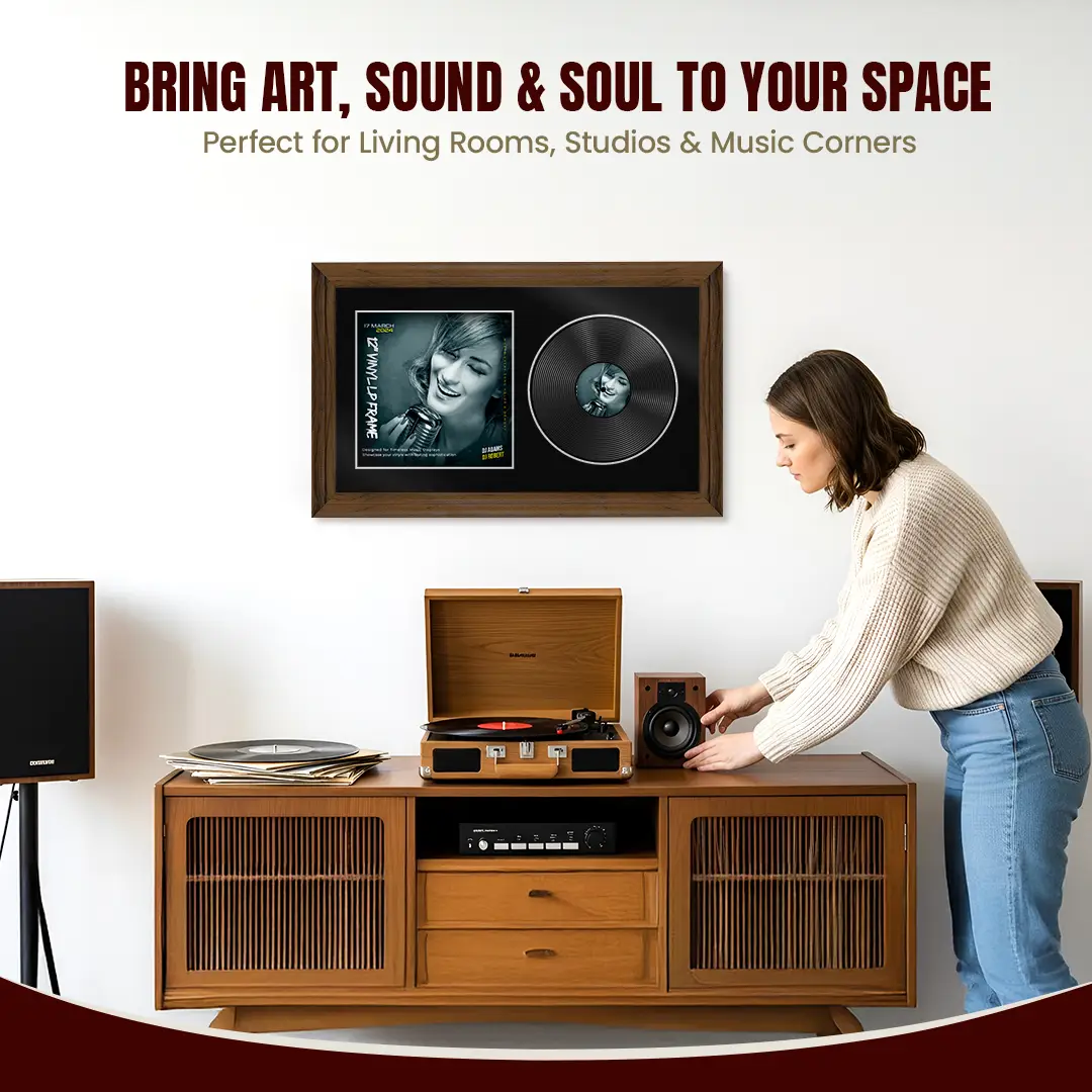 30x17" Classic Walnut Vinyl Record Frame With Black Mount | For 12" LP Cover and Disc Side By Side Display thumbnail 6