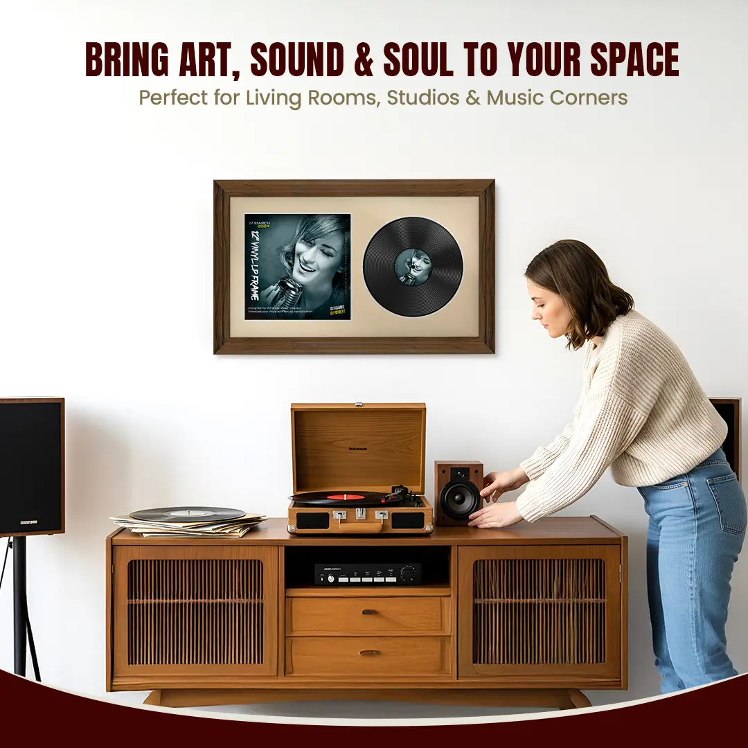 30x17" Classic Walnut Vinyl Record Frame With Ivory Mount | For 12" LP Cover and Disc Side By Side Display thumbnail 6