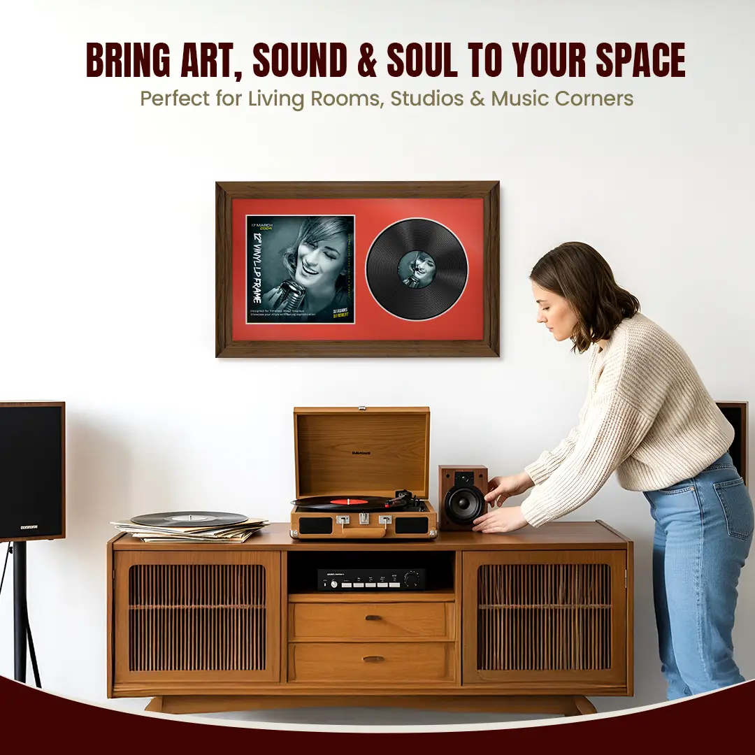 30x17" Classic Walnut Vinyl Record Frame With Poppy Red Mount | For 12" LP Cover and Disc Side By Side Display thumbnail 6