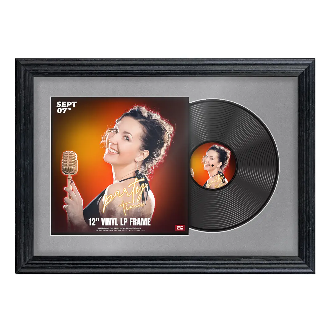 25x17" Classic Black Vinyl Record Frame For 12 Inch LP Cover & Disc With Mid Grey Mount | Overlapped Vinyl Display